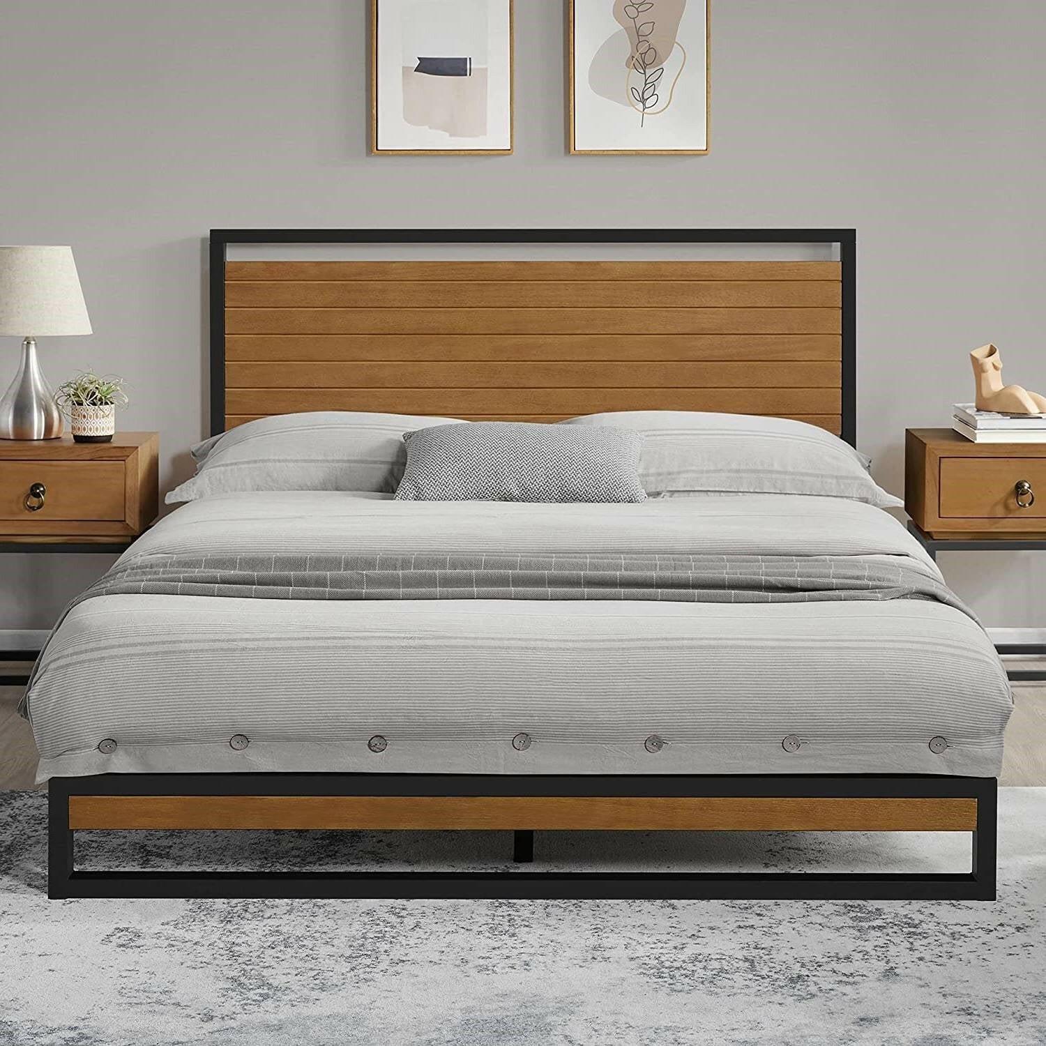 Full size Modern Metal Platform Bed Frame with Solid Brown Wood Slatted Headboard - FurniFindUSA