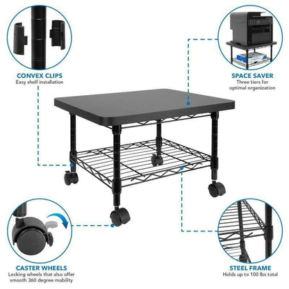 Multipurpose Black Metal 2-Tier Mobile Under Desk Printer Stand Cart w/ Casters - FurniFindUSA