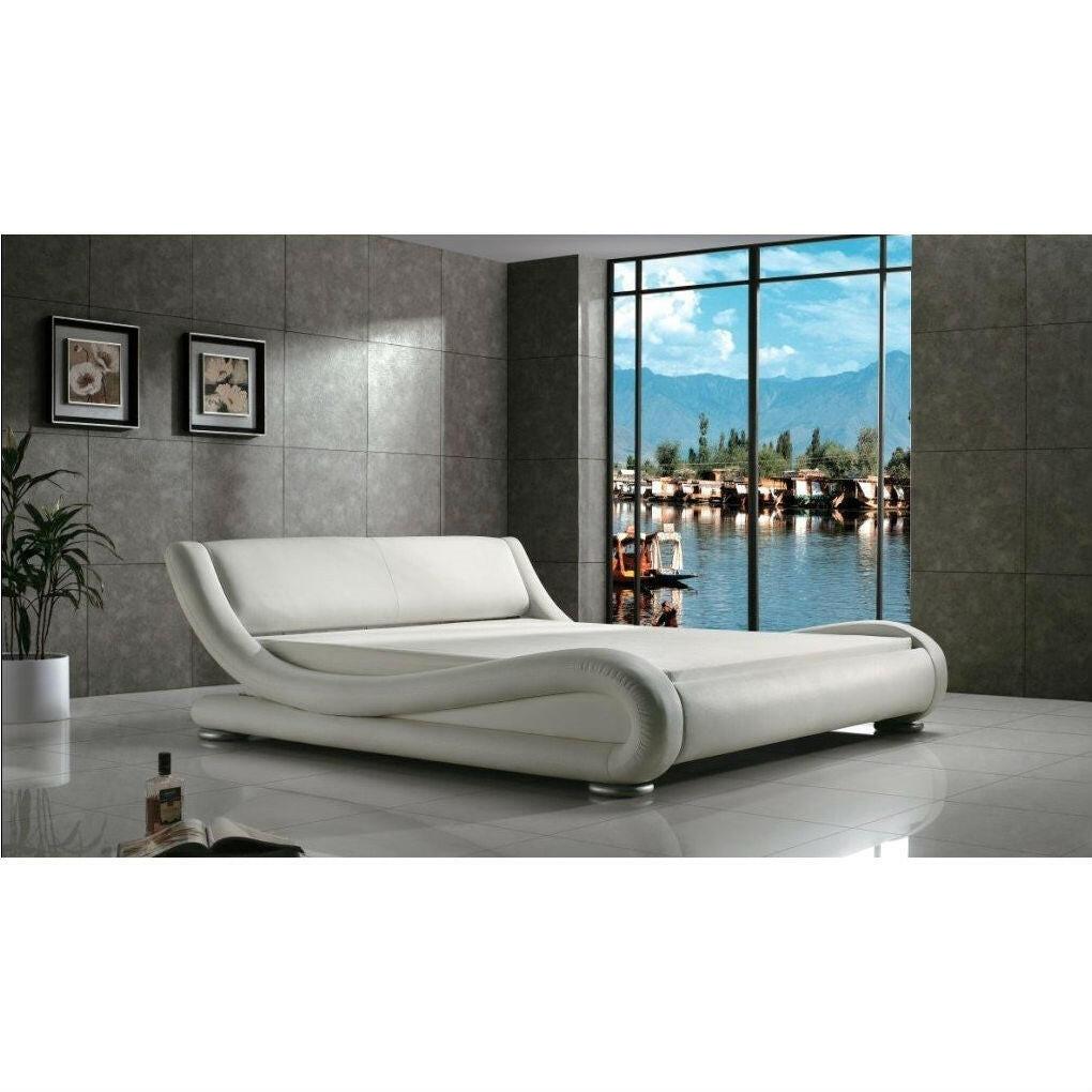 Queen Modern White Upholstered Platform Bed with Curved Sides & Headboard - FurniFindUSA