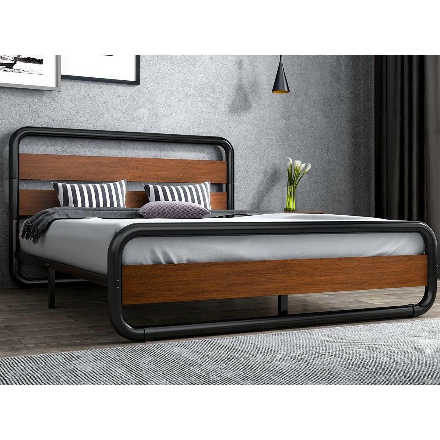 Queen Heavy Duty Modern Industrial Metal Wood Platform Bed Frame with Headboard - FurniFindUSA