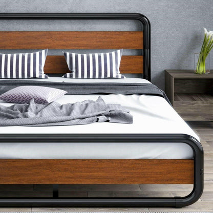 Queen Heavy Duty Modern Industrial Metal Wood Platform Bed Frame with Headboard - FurniFindUSA