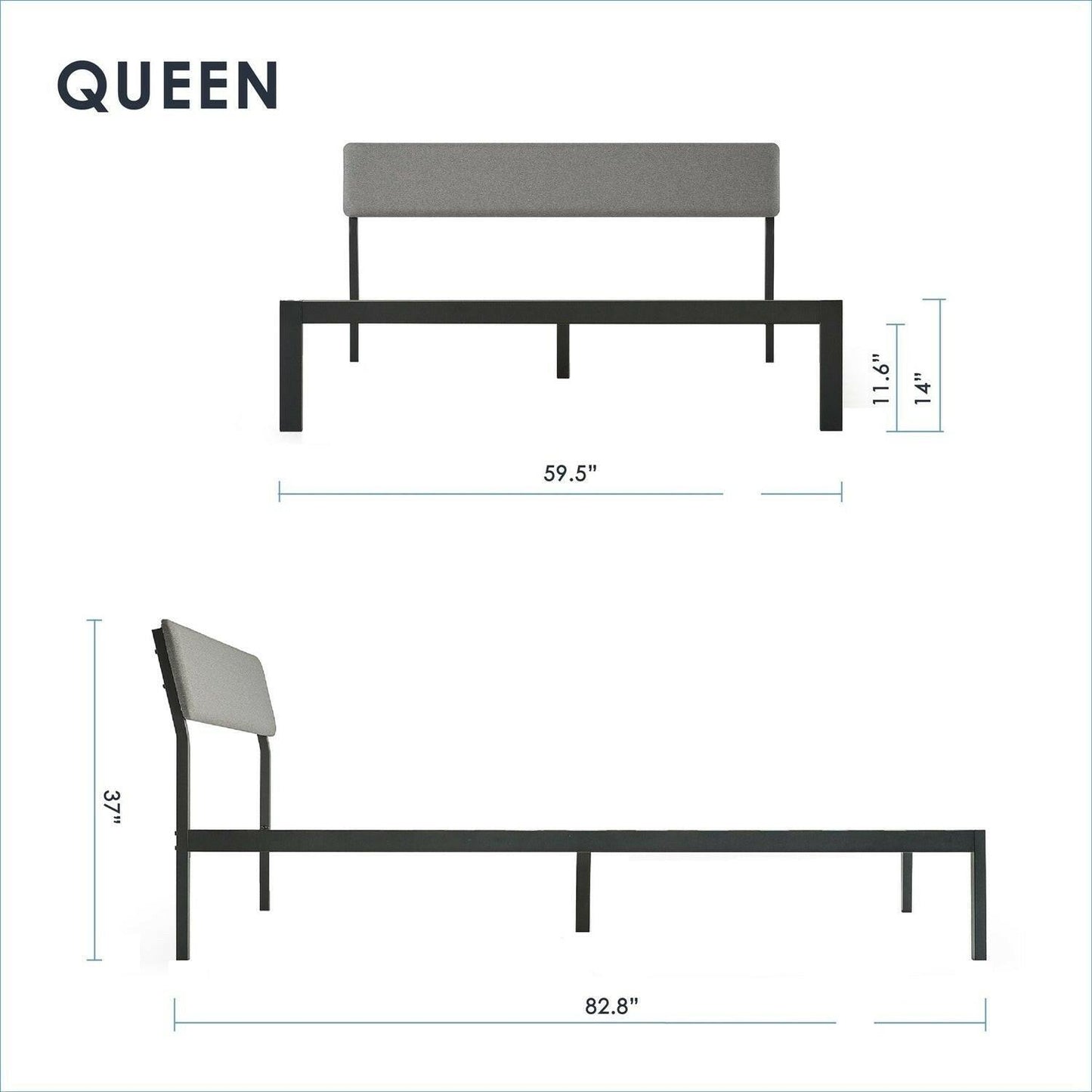 Queen Size Grey Soft Fabric Metal Headboard Platform Bed Wooden Slats - FurniFindUSA