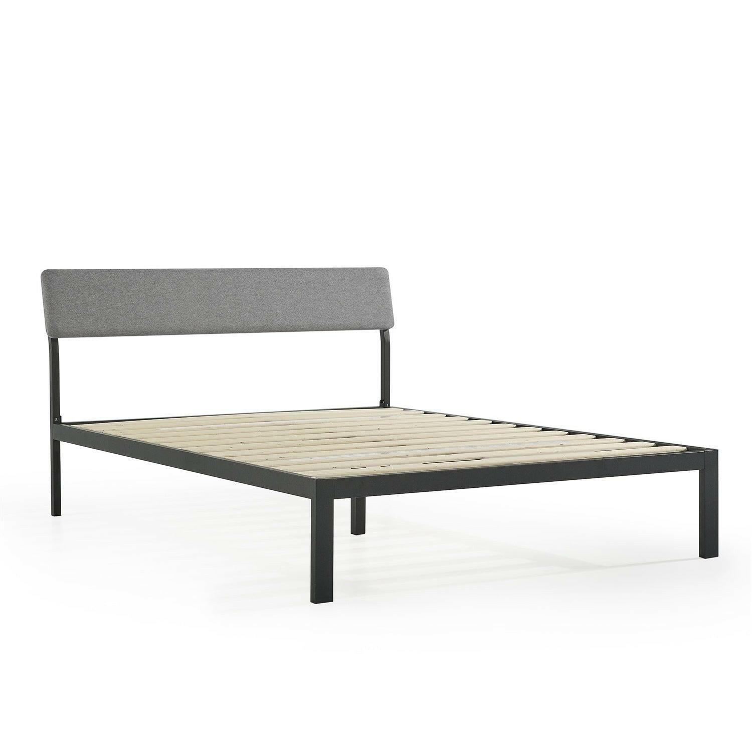 Queen Size Grey Soft Fabric Metal Headboard Platform Bed Wooden Slats - FurniFindUSA