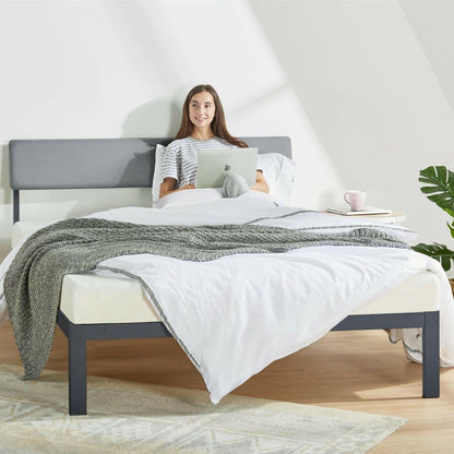 Queen Size Grey Soft Fabric Metal Headboard Platform Bed Wooden Slats - FurniFindUSA