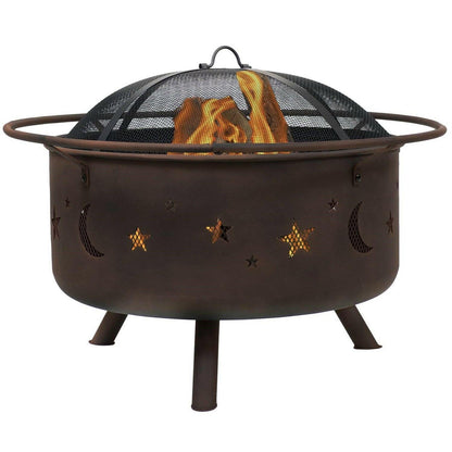 Moon Stars Sky Steel Fire Pit Bowl with Screen Cooking Grate and Poker - FurniFindUSA