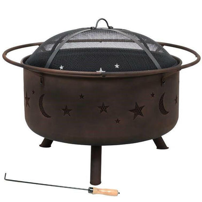 Moon Stars Sky Steel Fire Pit Bowl with Screen Cooking Grate and Poker - FurniFindUSA