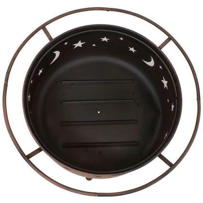 Moon Stars Sky Steel Fire Pit Bowl with Screen Cooking Grate and Poker - FurniFindUSA