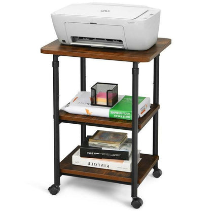 Brown/Black Multifunction Adjustable Height 3-tier Printer Stand on Wheels - FurniFindUSA