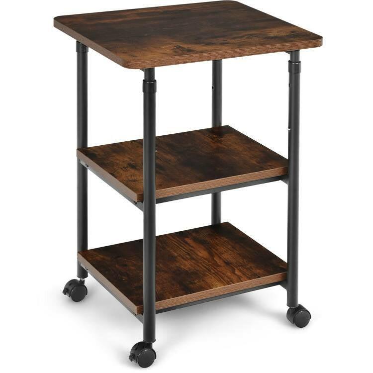 Brown/Black Multifunction Adjustable Height 3-tier Printer Stand on Wheels - FurniFindUSA