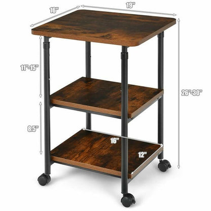 Brown/Black Multifunction Adjustable Height 3-tier Printer Stand on Wheels - FurniFindUSA