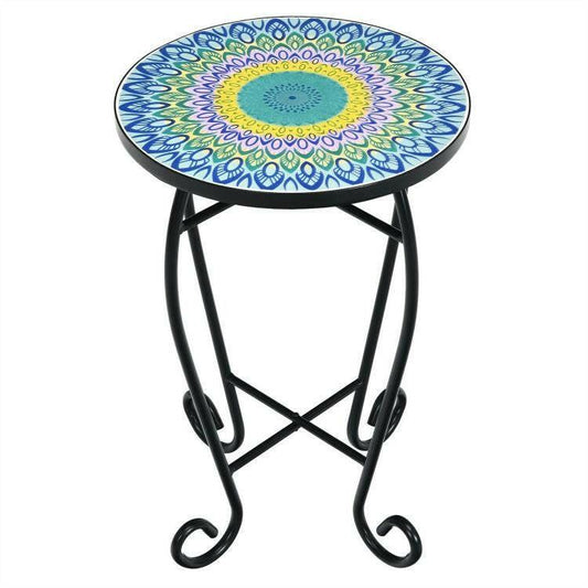 Indoor/Outdoor Blue Yellow Green Mosaic Round Side Accent Table Plant Stand - FurniFindUSA