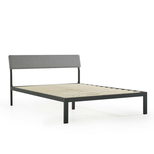 Twin Size Grey Soft Fabric Metal Headboard Platform Bed Wooden Slats - FurniFindUSA