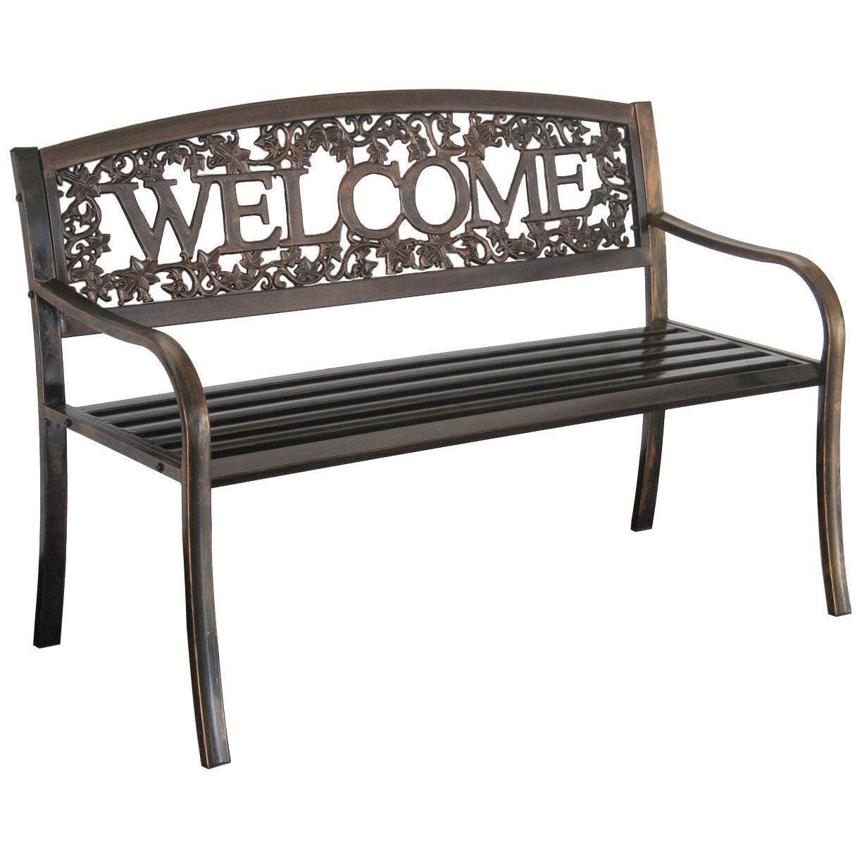 Outdoor Weather Resistant Metal Garden Bench with Welcome Floral Back - FurniFindUSA