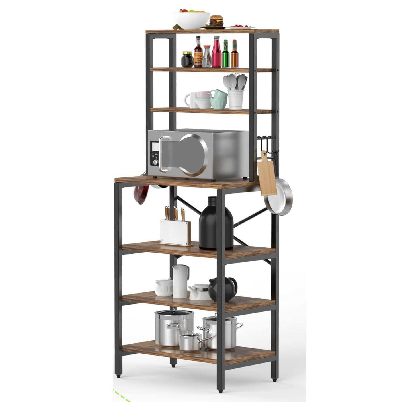 Modern Industrial Metal Wood Kitchen Baker's Rack Shelf Microwave Stand - FurniFindUSA