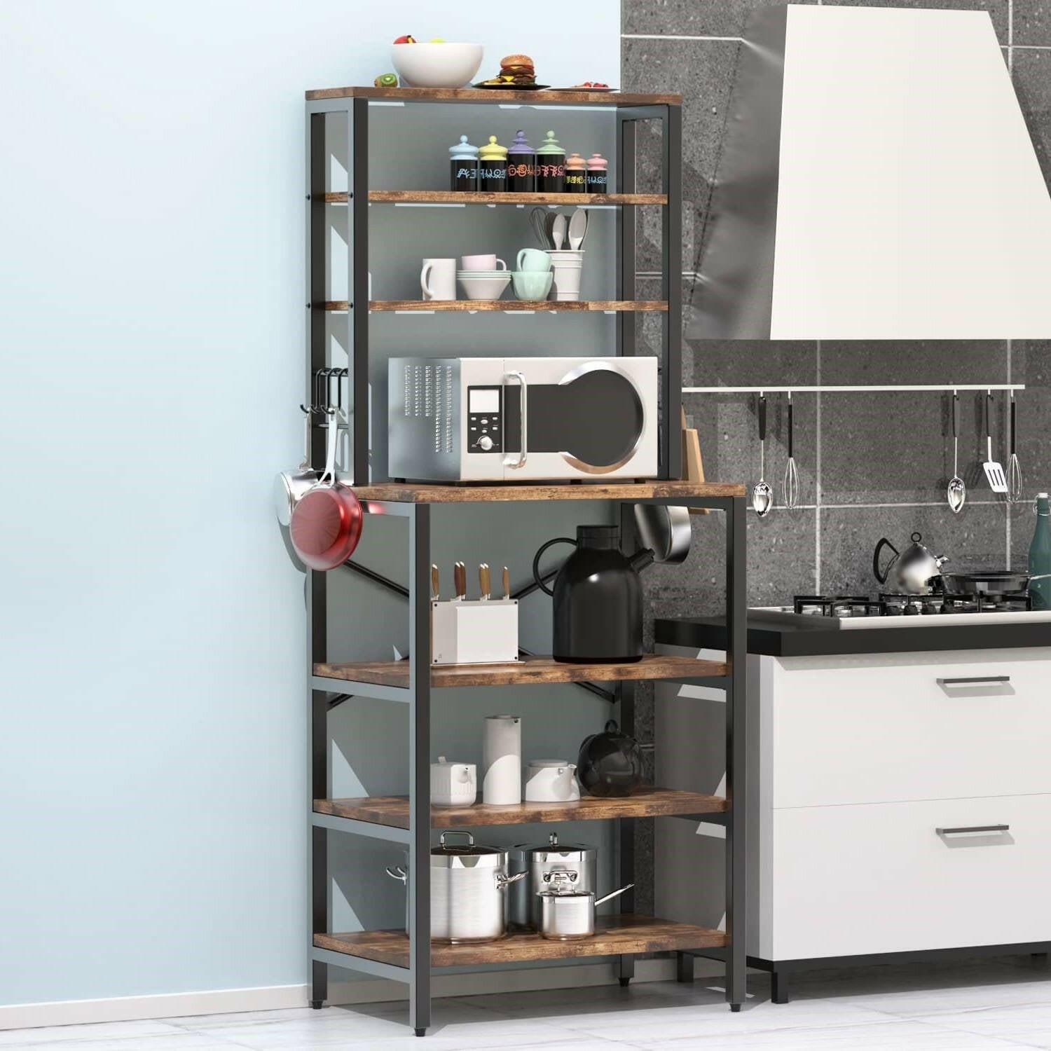 Modern Industrial Metal Wood Kitchen Baker's Rack Shelf Microwave Stand - FurniFindUSA
