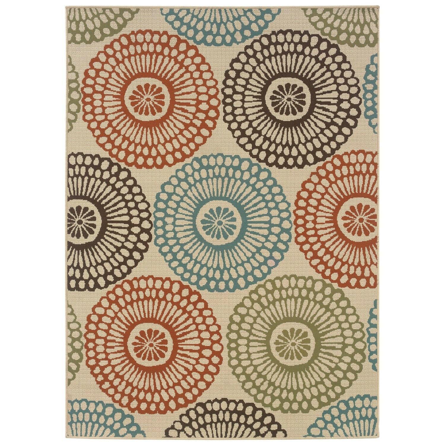 7'10" x 10'10" Indoor / Outdoor Beige Area Rug with Colorful Circle Pattern - FurniFindUSA