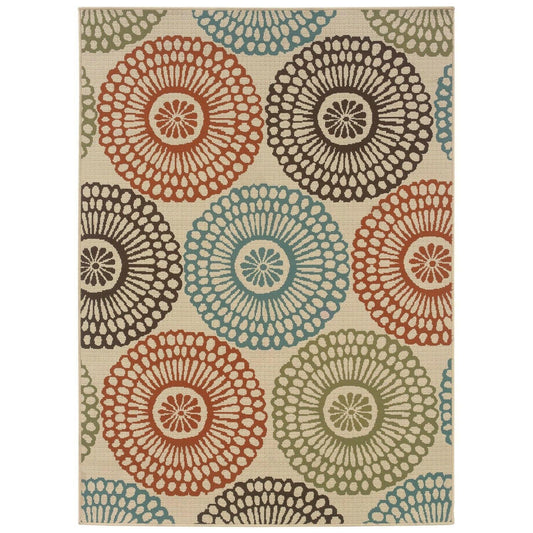 7'10" x 10'10" Indoor / Outdoor Beige Area Rug with Colorful Circle Pattern - FurniFindUSA