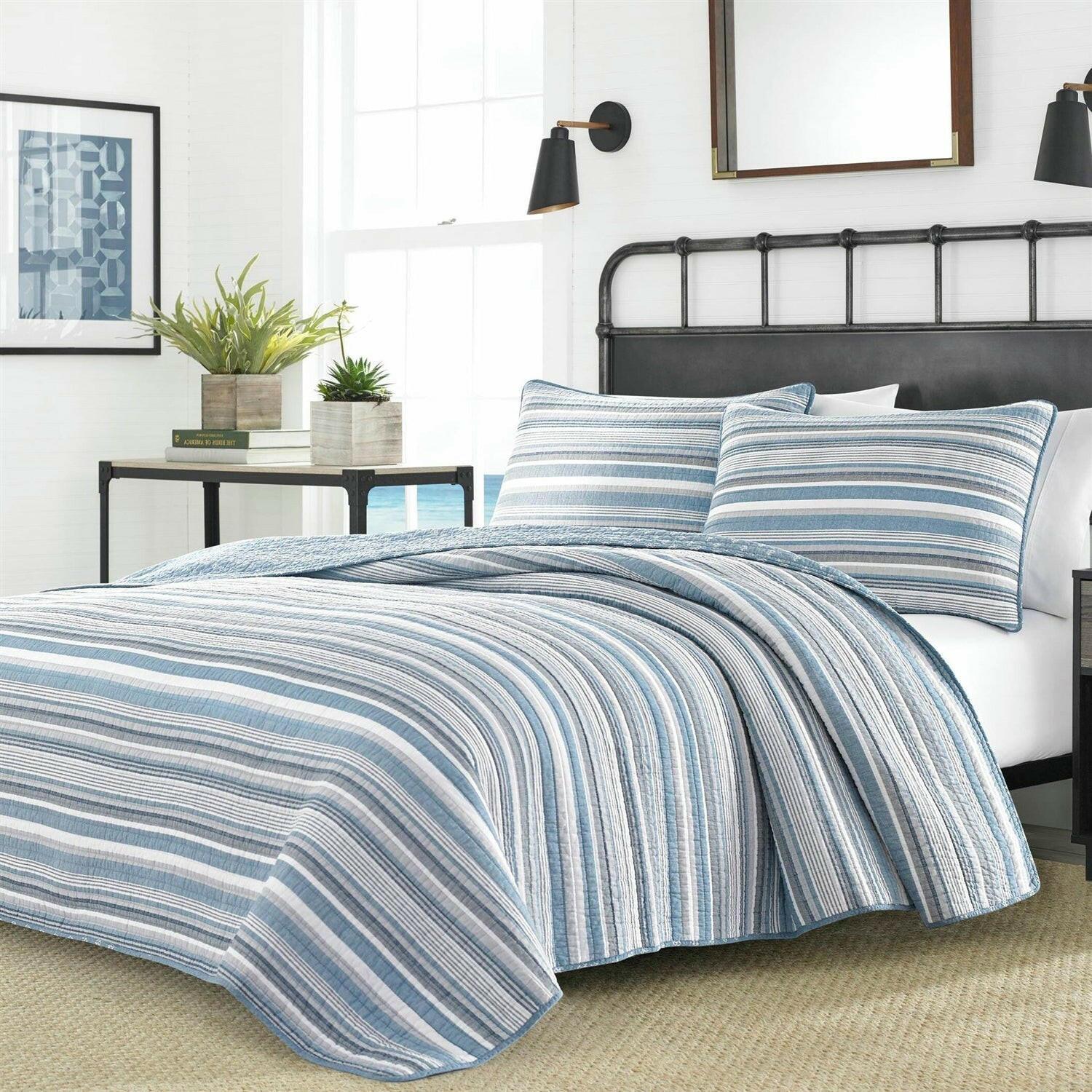 Full/Queen 3 Piece Nautical Anchor Blues 100-Percent Cotton Reversible Quilt Set - FurniFindUSA