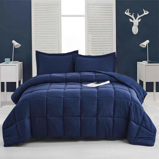 King Size Navy 3 Piece Microfiber Reversible Comforter Set - FurniFindUSA