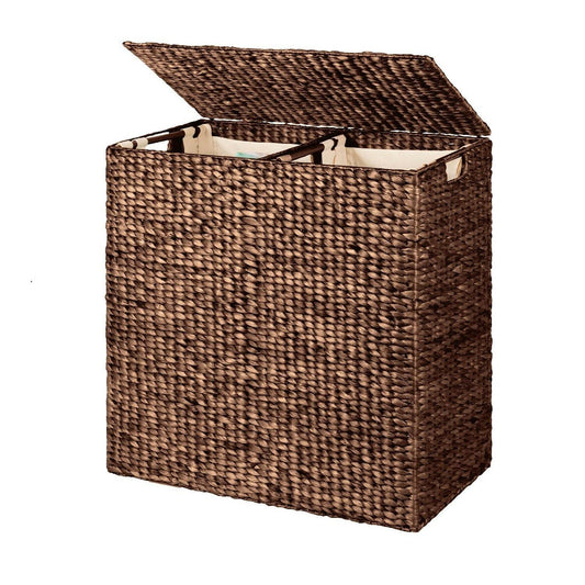 Espresso 2-Bin Handwoven Hyacinth Linen Liner Laundry Hamper w/ Handles - FurniFindUSA