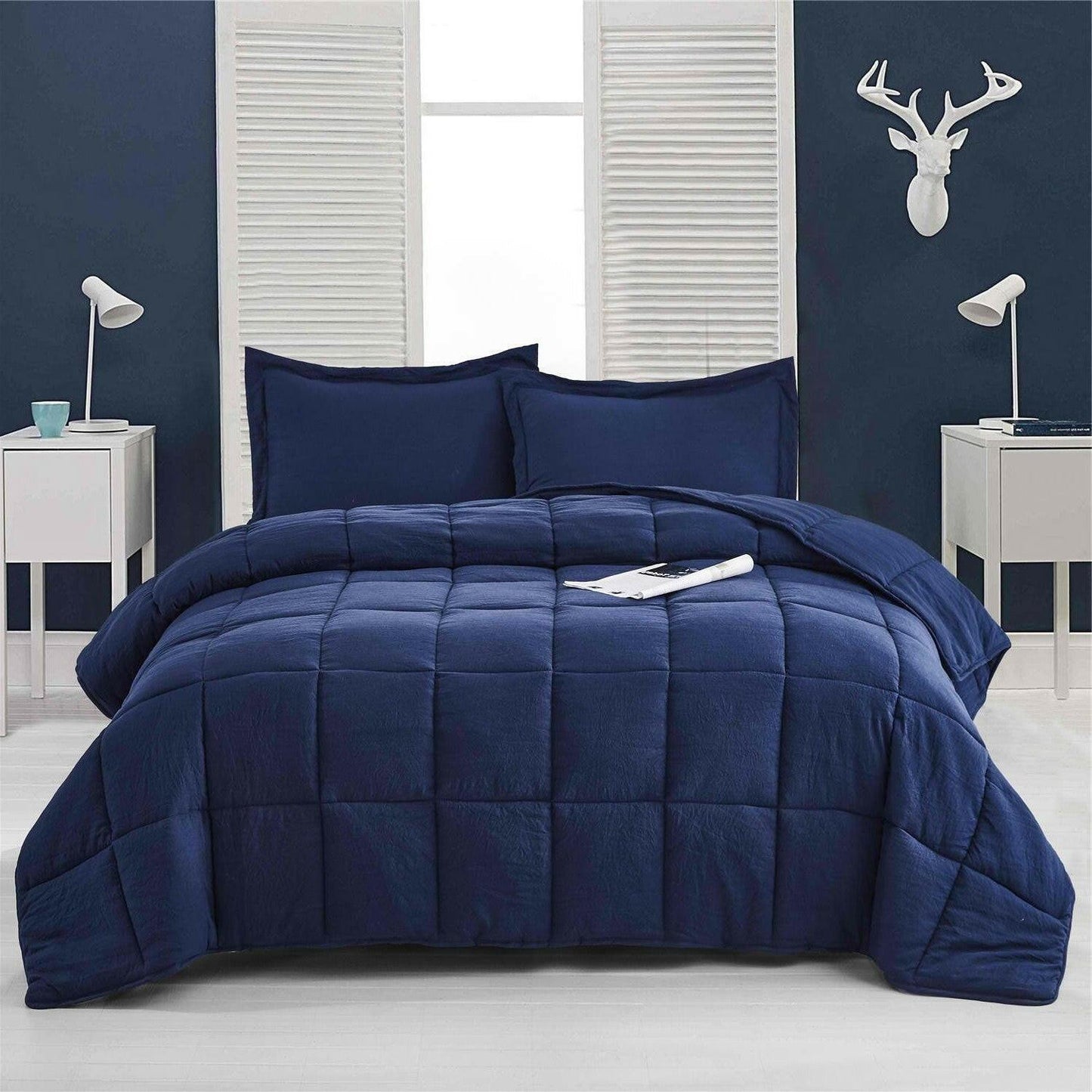 Twin Size Navy 3 Piece Microfiber Reversible Comforter Set - FurniFindUSA