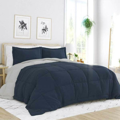 Full/Queen 3-Piece Microfiber Reversible Comforter Set in Navy Blue and Grey - FurniFindUSA