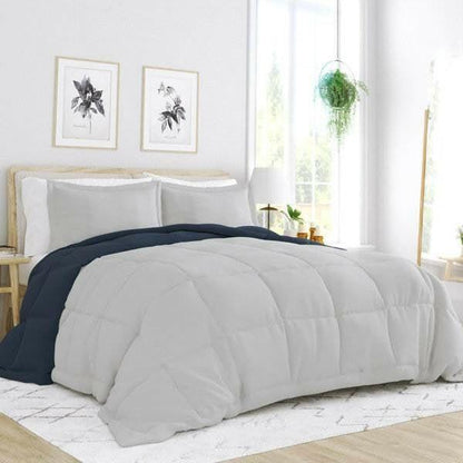 Full/Queen 3-Piece Microfiber Reversible Comforter Set in Navy Blue and Grey - FurniFindUSA