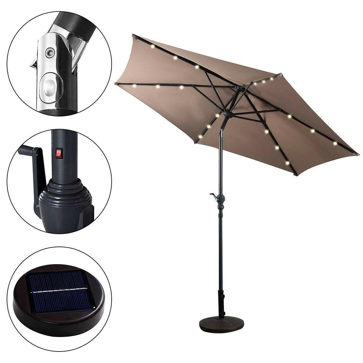 Tan 9-Ft Patio Umbrella with Steel Pole Crank Tilt and Solar LED Lights - FurniFindUSA