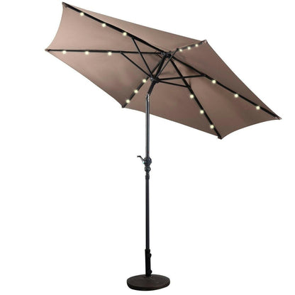 Tan 9-Ft Patio Umbrella with Steel Pole Crank Tilt and Solar LED Lights - FurniFindUSA