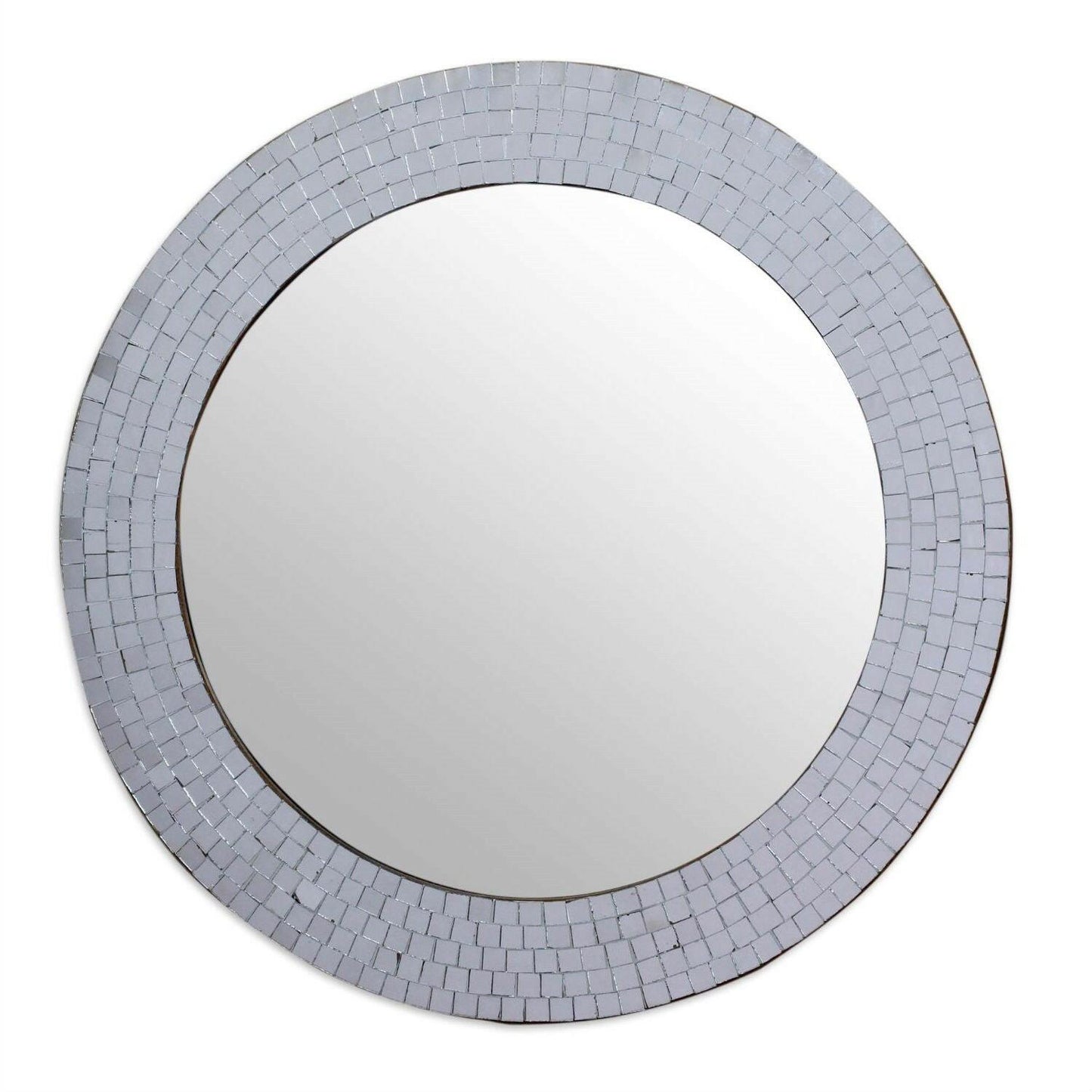 Modern Round Circular Bathroom Wall Mirror with Mosaic Glass Silver Frame - FurniFindUSA