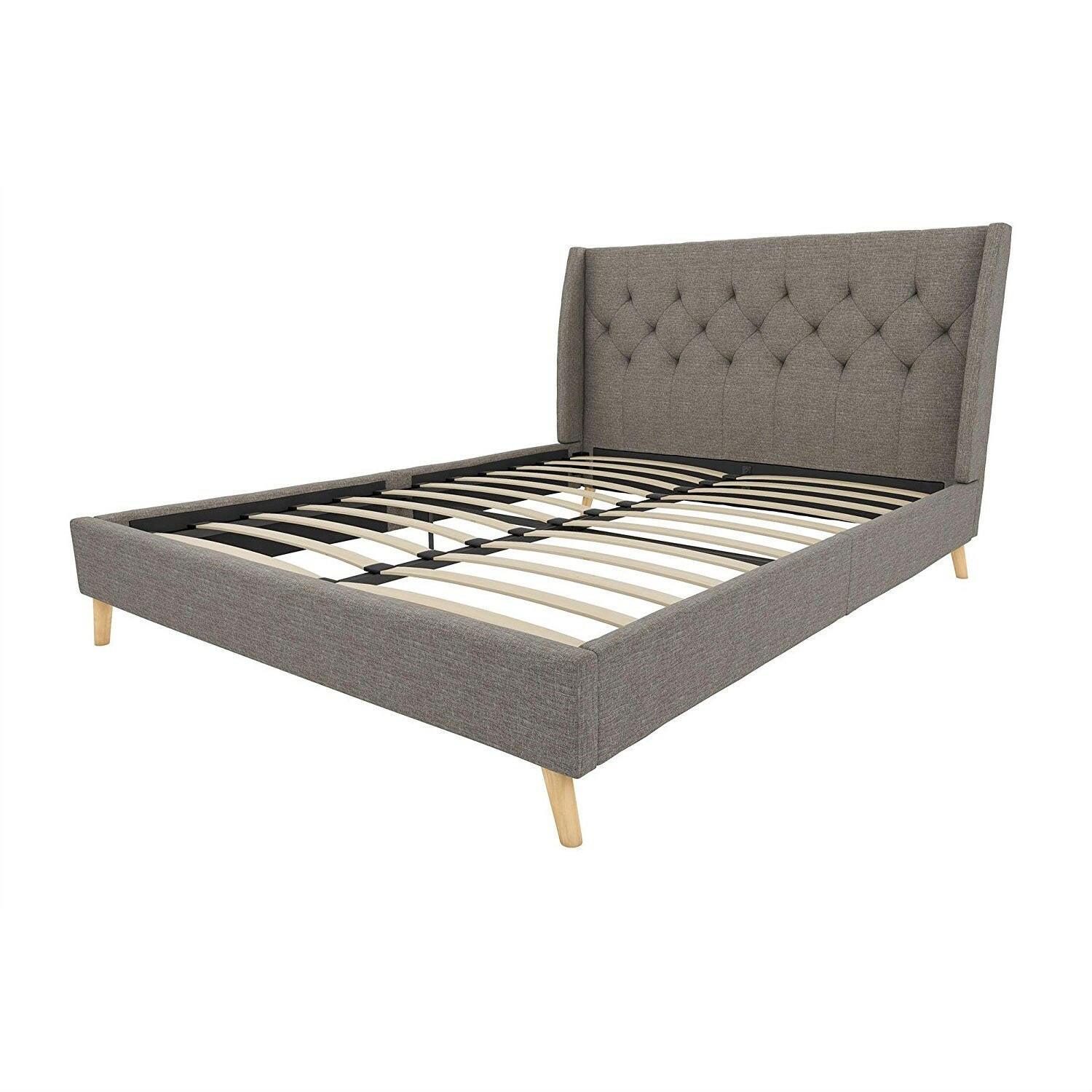 Full size Grey Linen Upholstered Platform Bed with Wingback Headboard - FurniFindUSA