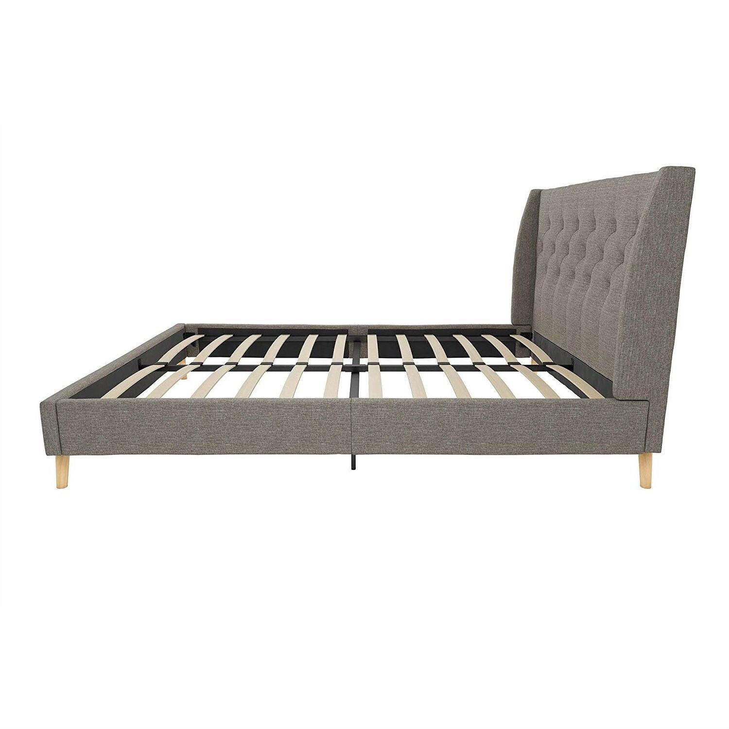 Full size Grey Linen Upholstered Platform Bed with Wingback Headboard - FurniFindUSA