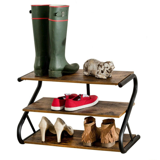 Modern Industrial Metal Wood 3-Tier Shoe Rack - Holds up to 9 Pair of Shoes - FurniFindUSA