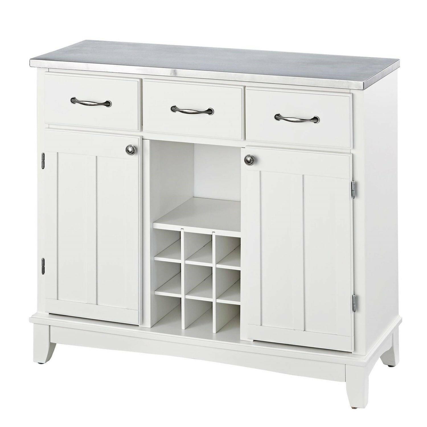 Stainless Steel Top Kitchen Island Sideboard Cabinet Wine Rack in White - FurniFindUSA