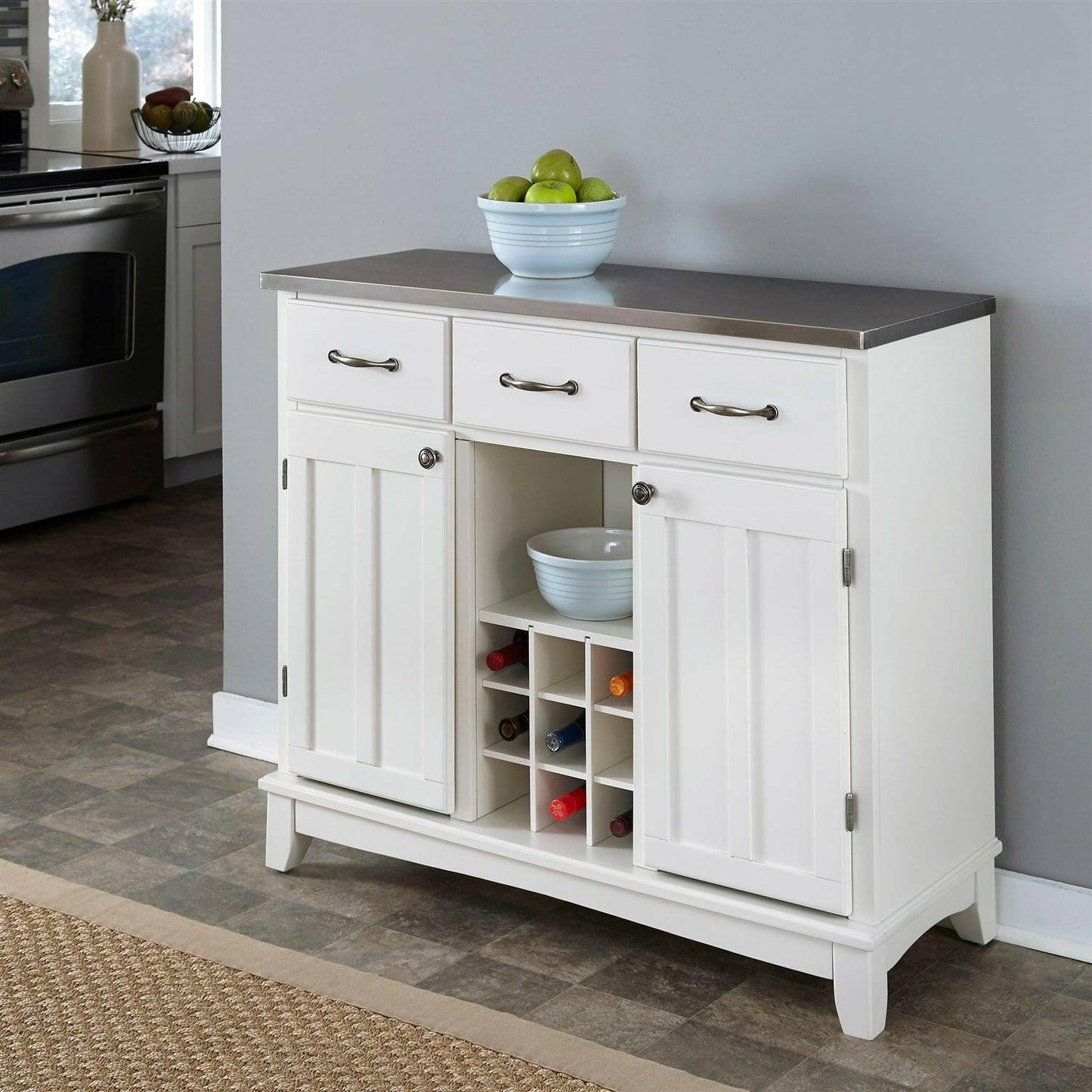 Stainless Steel Top Kitchen Island Sideboard Cabinet Wine Rack in White - FurniFindUSA