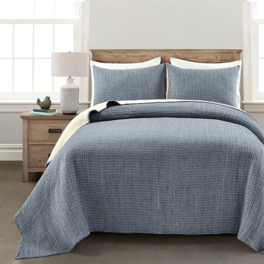 Full/Queen Size 3-Piece Reversible Woven Cotton Quilt Set in Navy Cream - FurniFindUSA