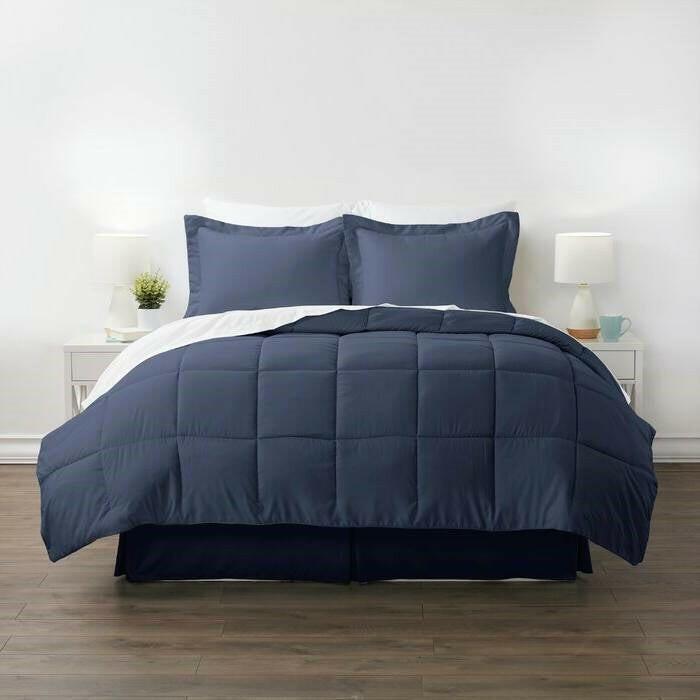 Full Navy Microfiber Baffle-Box 6-Piece Reversible Bed-in-a-Bag Comforter Set - FurniFindUSA