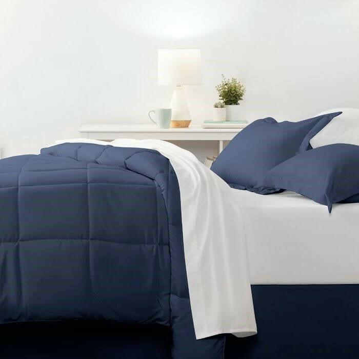 Full Navy Microfiber Baffle-Box 6-Piece Reversible Bed-in-a-Bag Comforter Set - FurniFindUSA