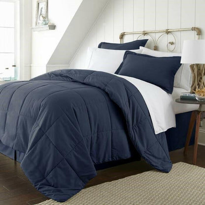 Full Navy Microfiber Baffle-Box 6-Piece Reversible Bed-in-a-Bag Comforter Set - FurniFindUSA