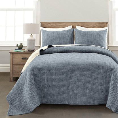 King Size 3-Piece Reversible Woven Cotton Quilt Set in Navy Cream - FurniFindUSA