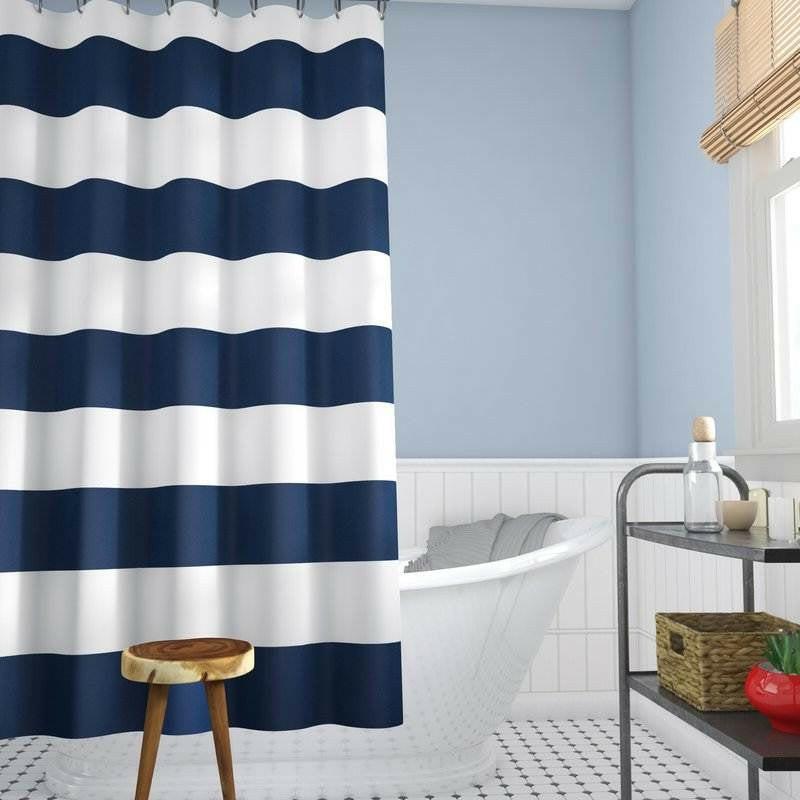 72 x 70 inch Polyester Navy Blue White Nautical Ocean Striped Shower Curtain - FurniFindUSA