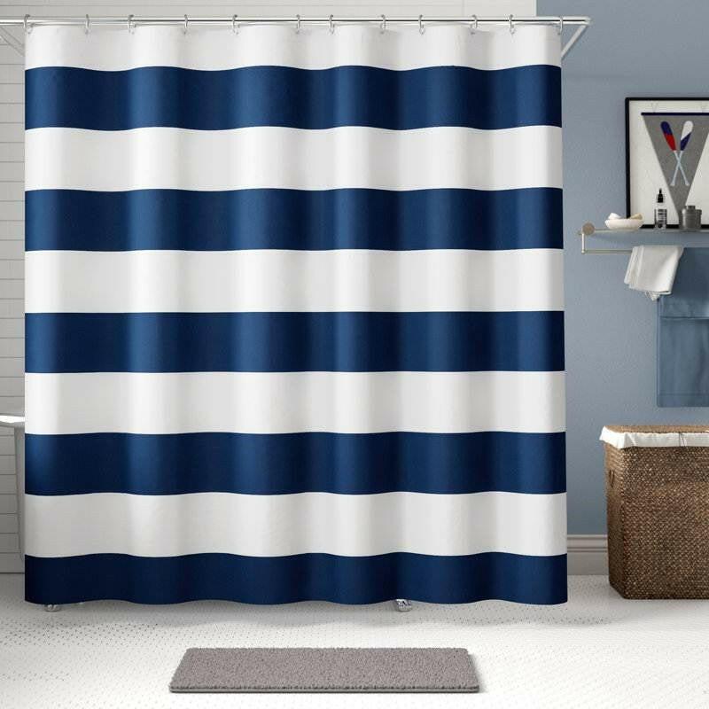 72 x 70 inch Polyester Navy Blue White Nautical Ocean Striped Shower Curtain - FurniFindUSA