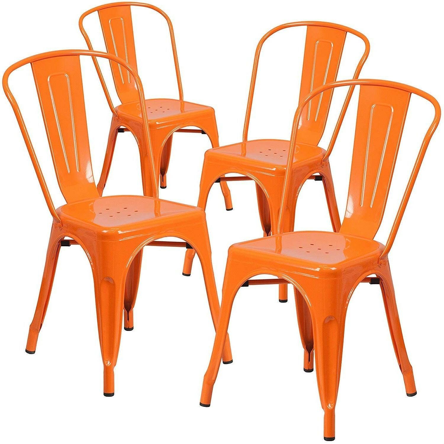 Set of 4 Outdoor Indoor Orange Metal Stacking Bistro Dining Chairs - FurniFindUSA