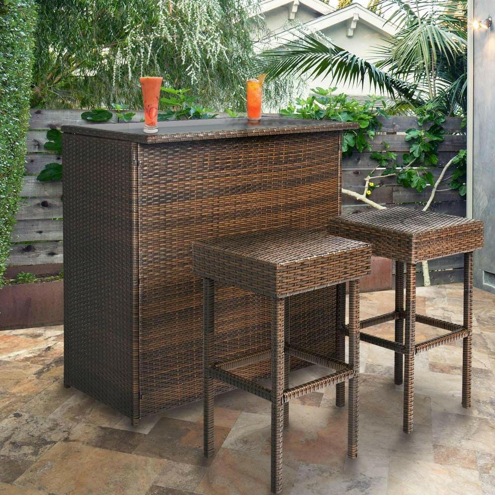 Outdoor 3-Piece PE Wicker Bar Set with Table and Stools - FurniFindUSA