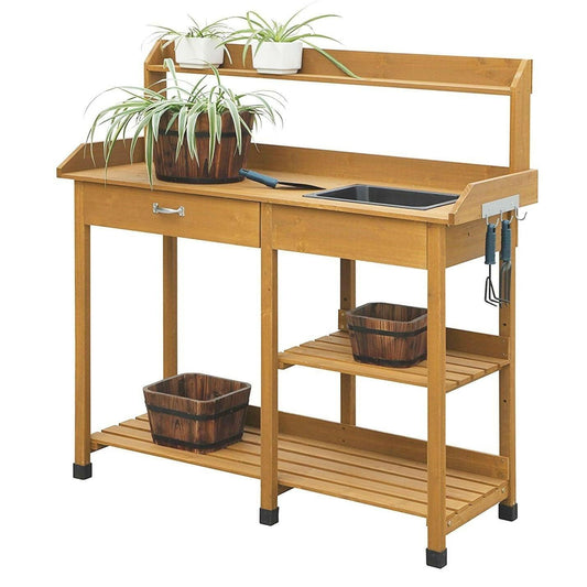 Outdoor Garden Wood Potting Bench Work Table with Sink in Light Oak Finish - FurniFindUSA