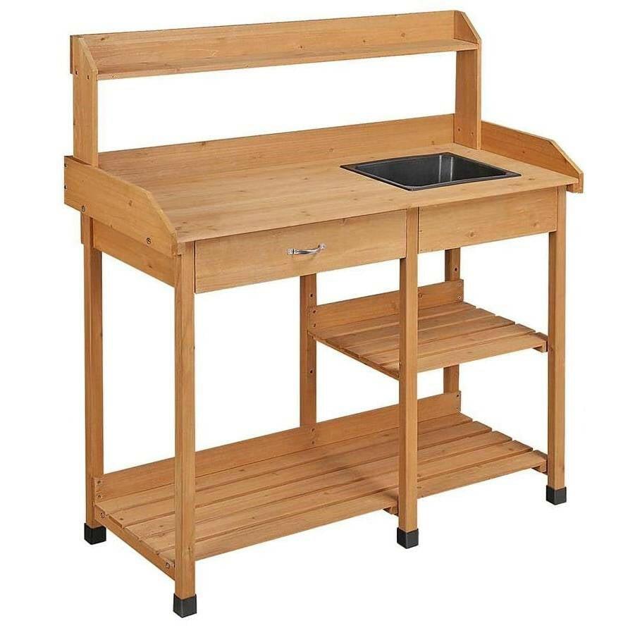 Outdoor Garden Wood Potting Bench Work Table with Sink in Light Oak Finish - FurniFindUSA