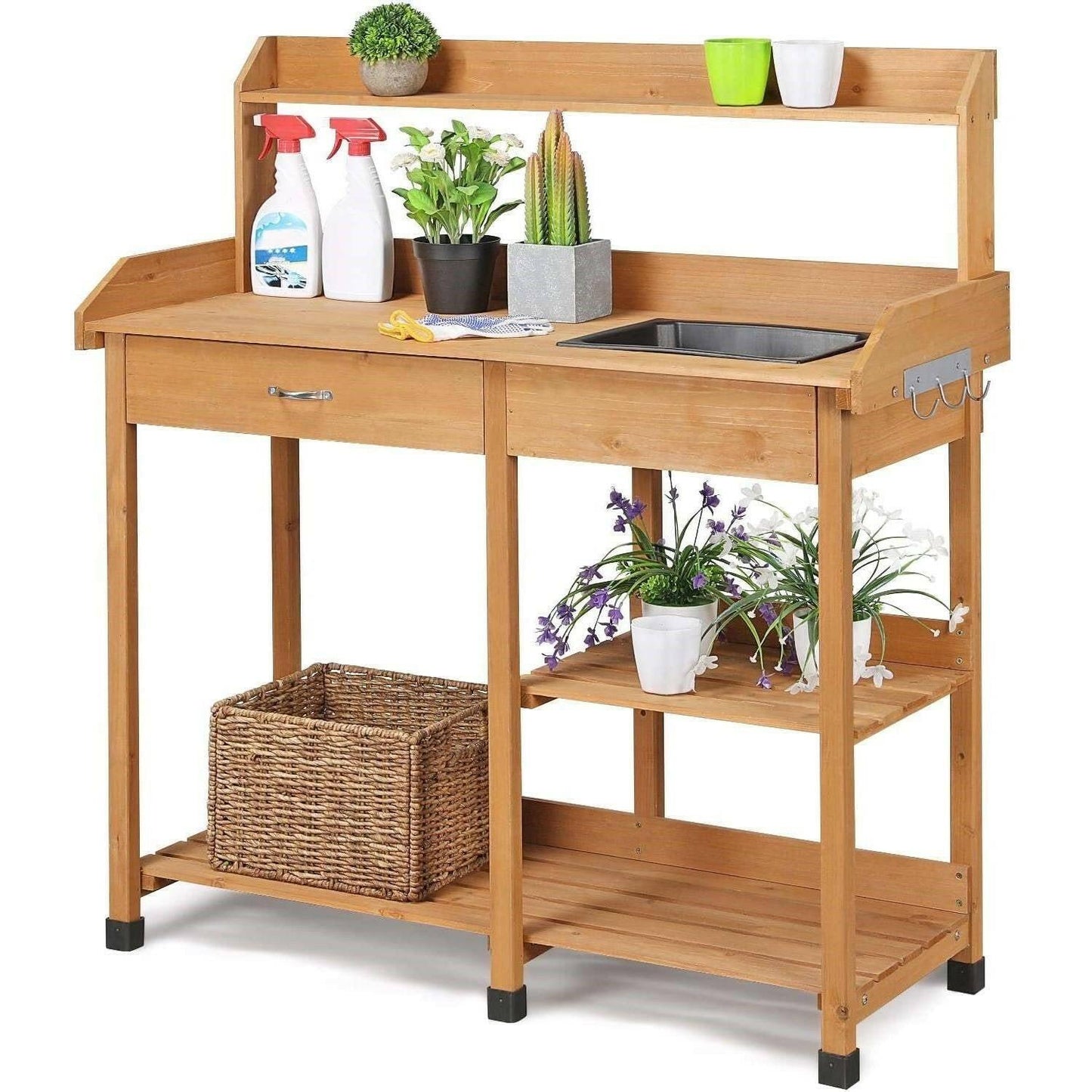 Outdoor Garden Wood Potting Bench Work Table with Sink in Light Oak Finish - FurniFindUSA