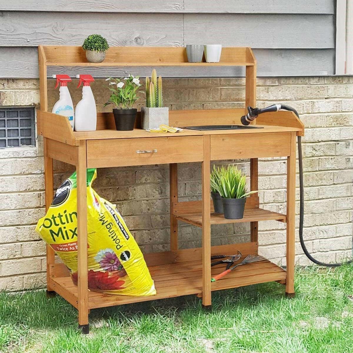 Outdoor Garden Wood Potting Bench Work Table with Sink in Light Oak Finish - FurniFindUSA