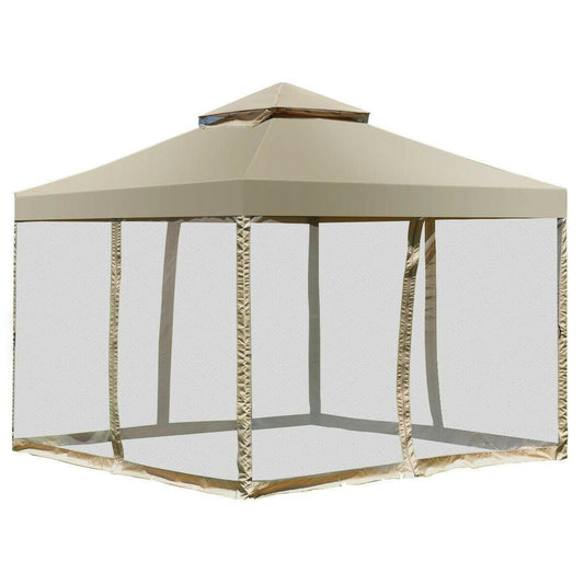 10 x 10 Ft Outdoor Gazebo with Tan Brown Polyester Canopy and Mesh Side Walls - FurniFindUSA