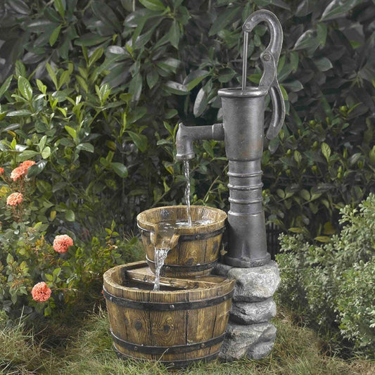 Outdoor Water Pump Half Whiskey Barrel Style Water Fountain - FurniFindUSA